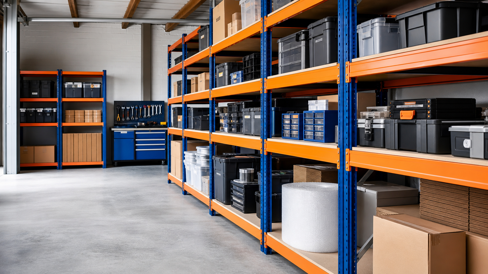 Heavy duty shelving and racking in a UK garage and stockroom setup