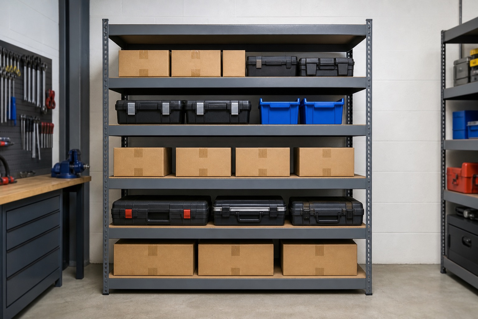 Heavy duty metal shelving loaded with evenly spread boxes in a workshop
