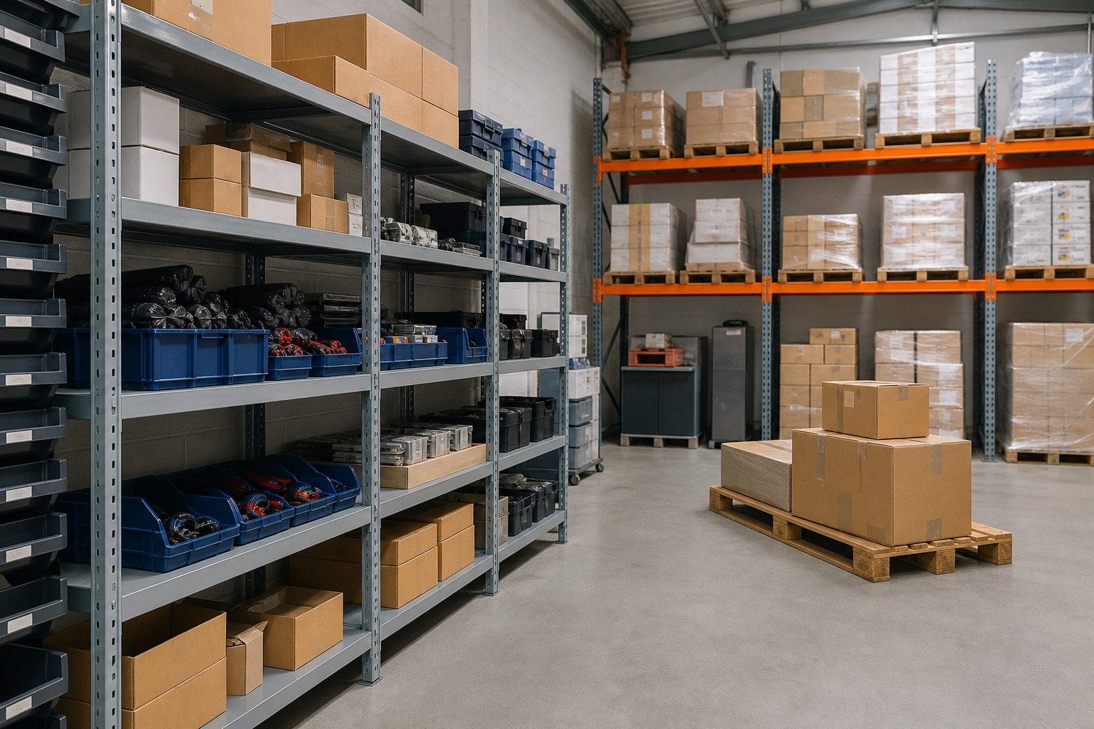 Warehouse shelving beside pallet racking for a small UK stockroom
